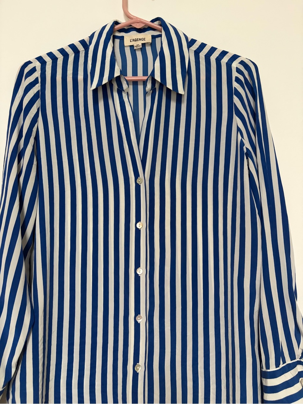 24H SALE - L'AGENCE Silk Blue and White Vertical Stripe Button-Down Shirt Small - Picture 3 of 10